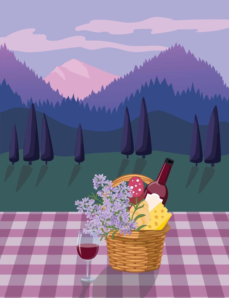 Hand drawn vector illustration of a picnic wicker basket and a glass of wine with mountain landscape