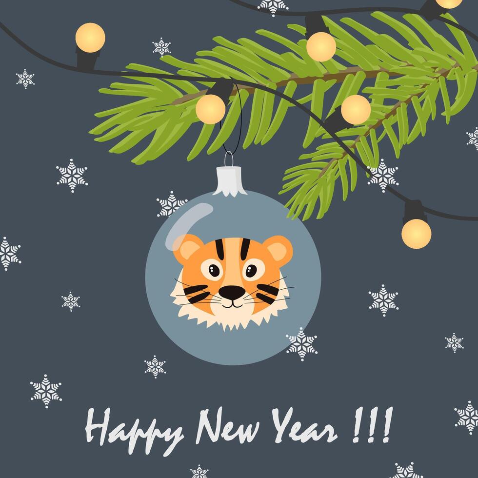 mano dibujado Tigre en el gris azul Navidad chuchería decorando Navidad árbol y saludo texto deseando contento chino vector