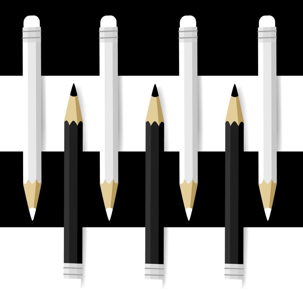 Abstract monochromatic vector art of black and white pencils on striped background