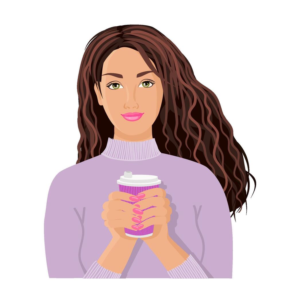 vector ilustración de un joven dibujos animados mujer participación un café papel taza