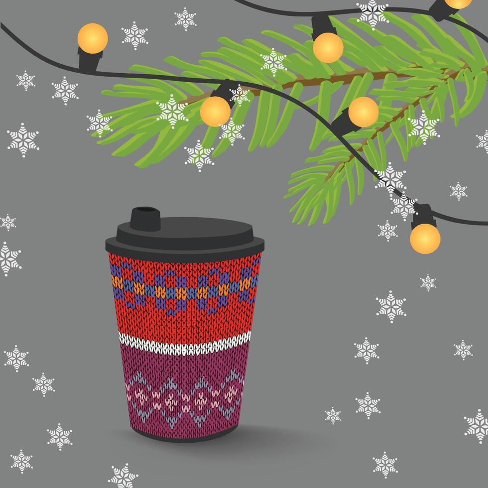 Coffee paper cup with knitted pattern, christmas lights and snowflakes vector