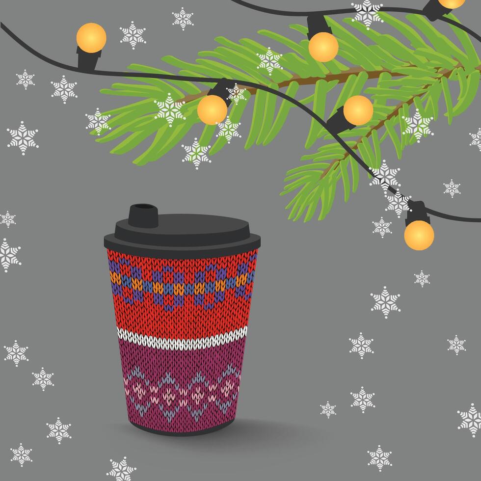 café papel taza con de punto patrón, Navidad luces y copos de nieve vector