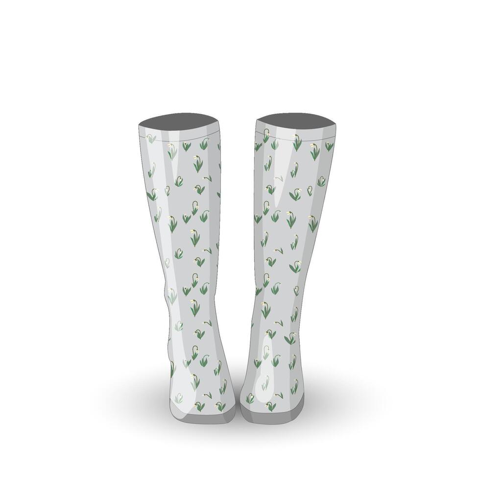 Hand drawn vector rubber boots with snowdrops floral print