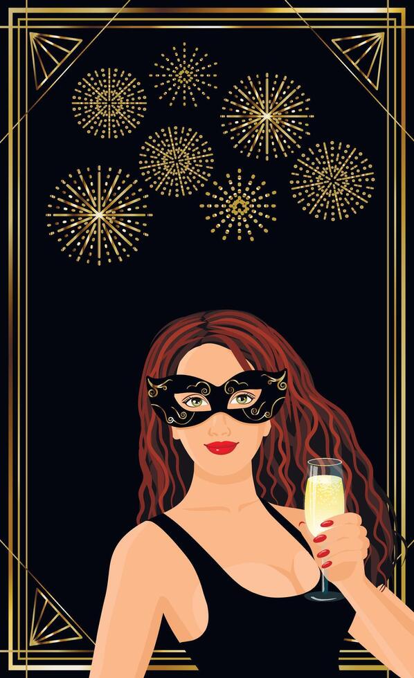 Portrait of a young lady wearing a carnaval mask, party invitation mockup. Vector illustration