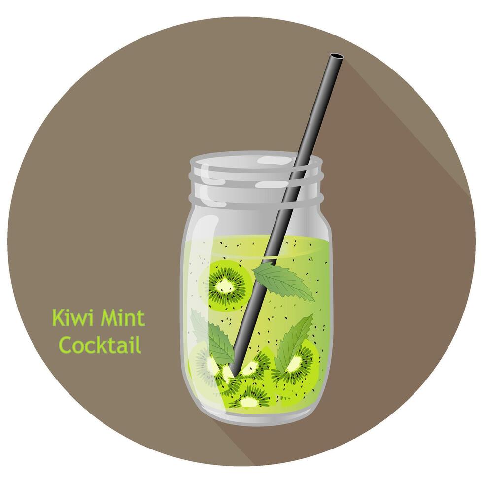 Hand drawn vector illustration of kiwi mint cocktail in a mason jar with a black straw, in a brown circle with long shadow and text. Bar menu