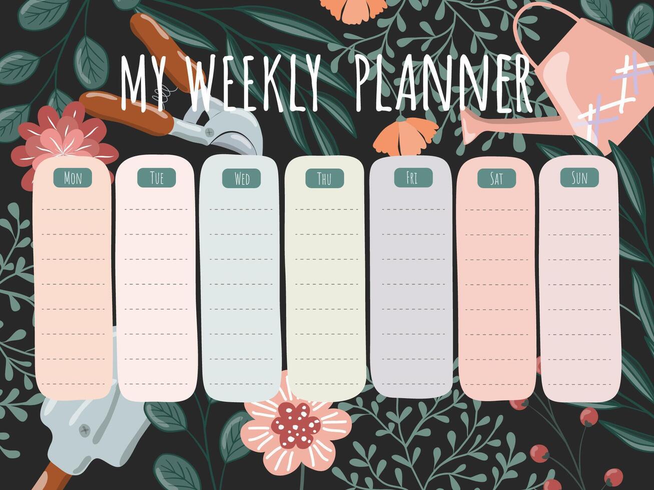 Vector springtime floral hand drawn weekly planner, schedule template.