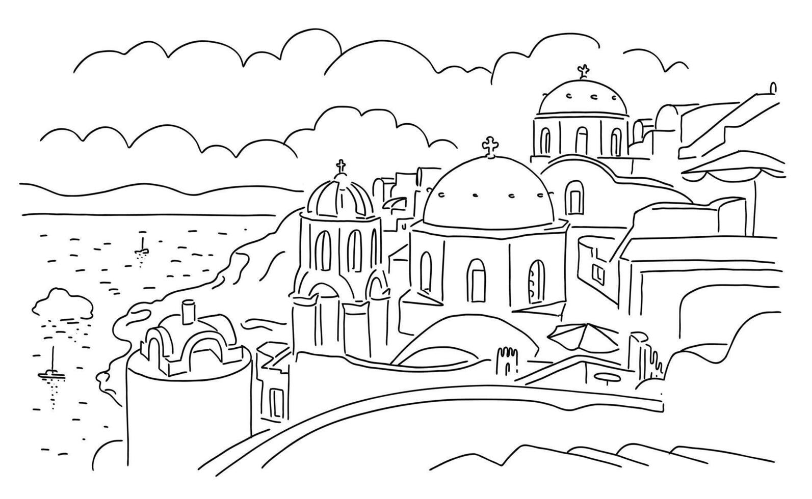 santorini isla, Grecia. hermosa tradicional blanco arquitectura y griego ortodoxo iglesias con azul domos terminado el caldera, Egeo mar. lineal cabeza ilustración vector