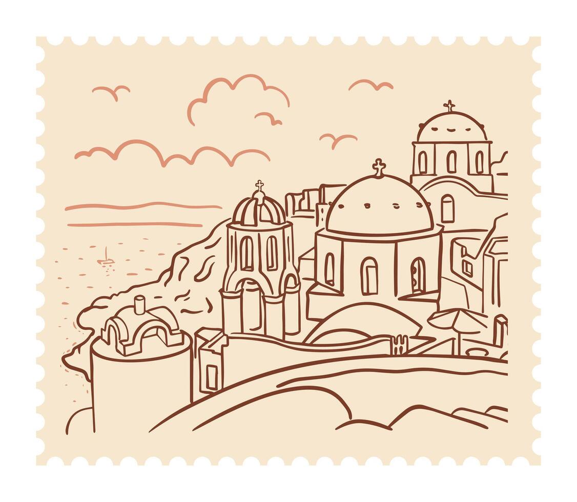Santorini island, Greece. Beautiful traditional white architecture and Greek Orthodox churches with blue domes over the Aegean Sea caldera. Postage Stamp vector