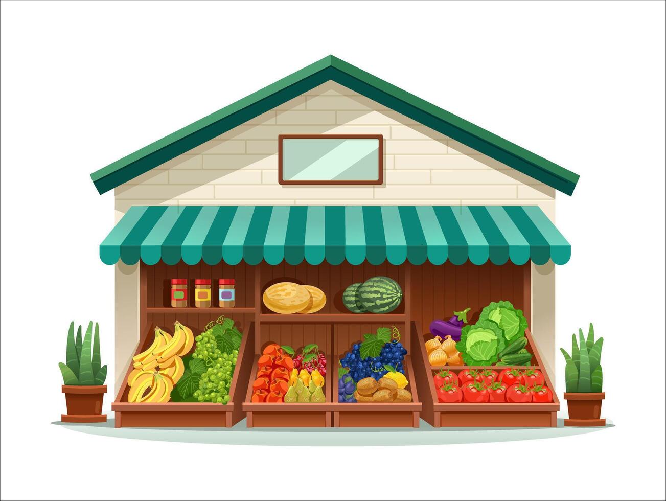 Fruit and vegetable store. Trade tent. Vector illustration on white background