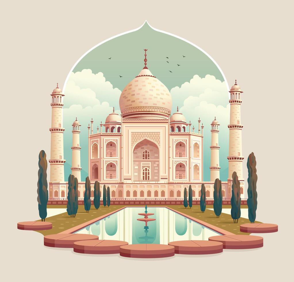 Taj Mahal is a palace in India. Mosque against the sky. Landmark, architecture, Hindu temple in the Indian city of Agra, Uttar Pradesh. Vector flat illustration