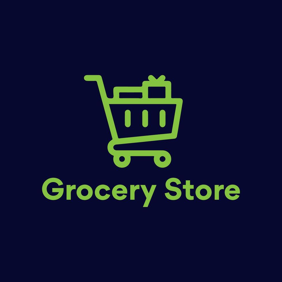 Grocery store logo design template with shopping basket full of various products. Bread, fruits, drinks line art logo design idea. Groceries vector symbol.