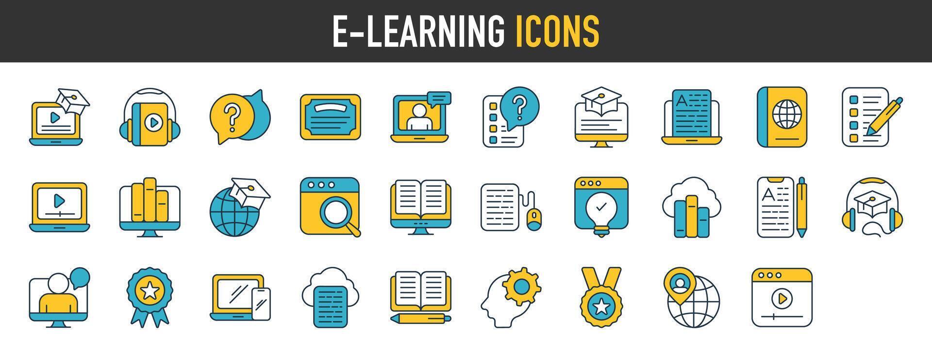 E-learning icon set. Such as video tuition, online education, course, audio course, educational website and digital education icons. Solid vector icon collection