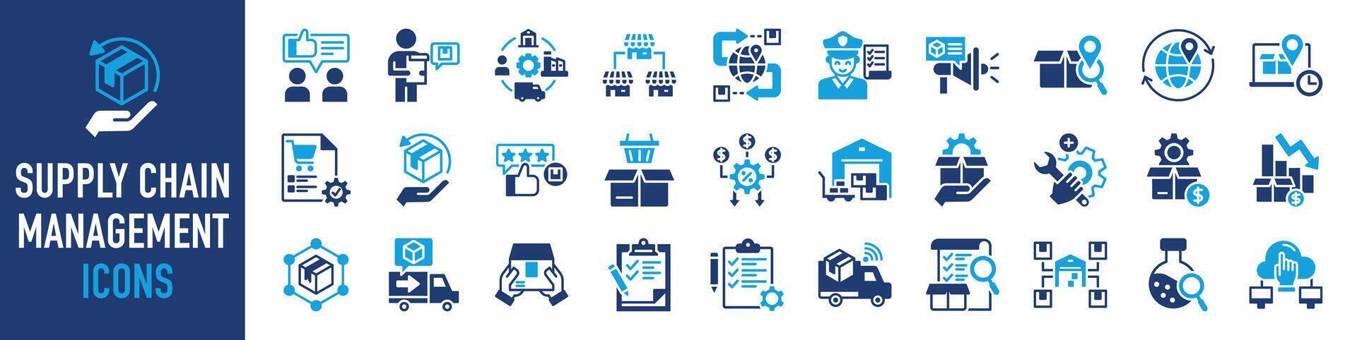 Set of icons related to supply chain management, value chain, logistic, delivery, manufacturing, commerce. icon collection. Vector illustration.