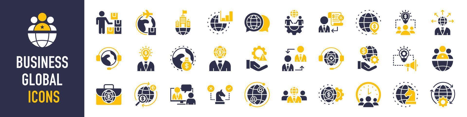 Business global icon set. Business team, meeting, partnership, startup, planning, international organization, company, management, profit and successful key icons. Solid icons vector collection.