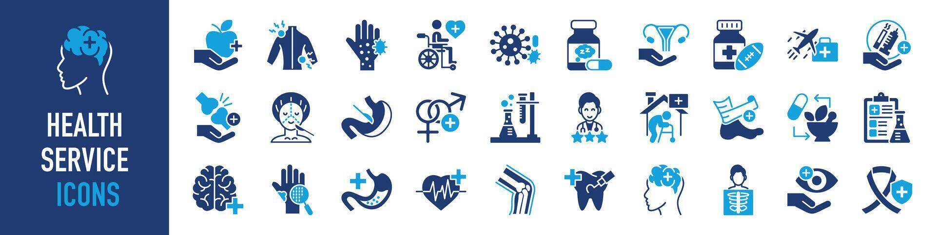 Health service icon set. Containing such as doctor, medicine, hospital, treatment, healthcare, nurse, pills, clinic and more. Solid vector icons collection.