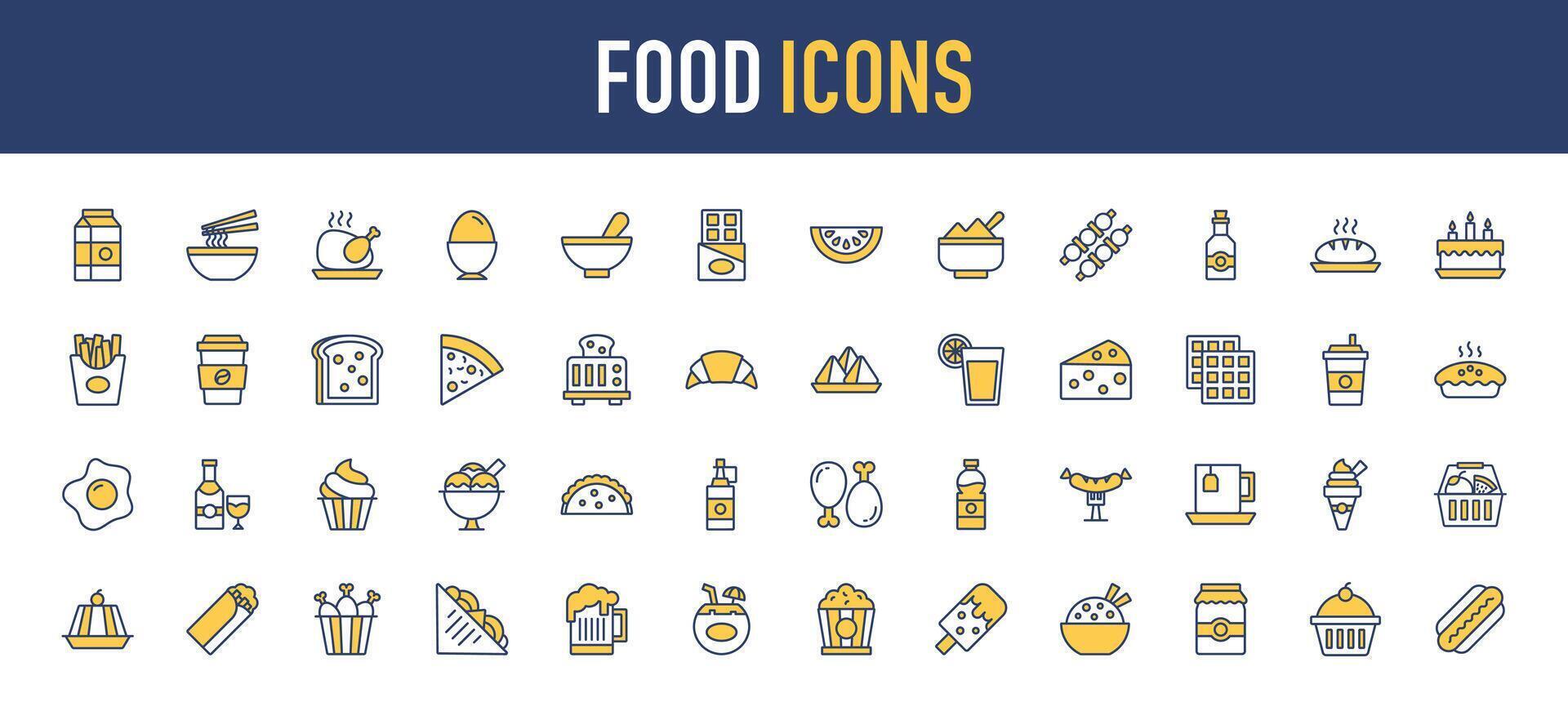 Food Icons. Meat, milk, seafood, pasta, soup, bread, egg, cake, sweets, fruits, vegetables, drinks, nutrition, pizza, fish, sauce, cheese, butter, pie, nuts, snacks Vector icon illustration.