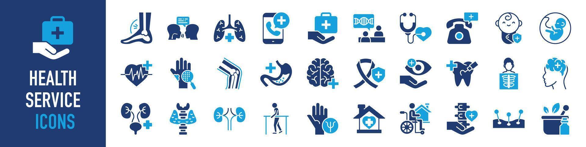 Health service icon set. Containing such as doctor, medicine, hospital, treatment, healthcare, nurse, pills, clinic and more. Solid vector icons collection.