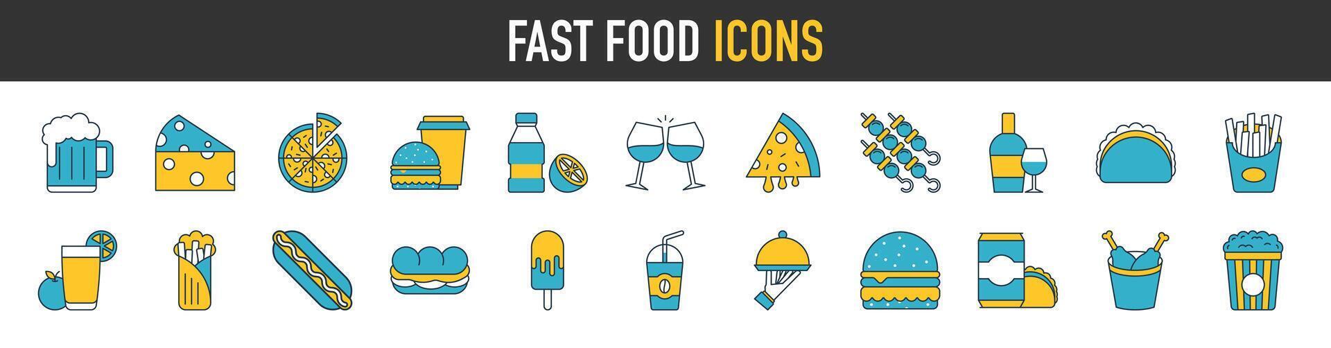 rápido comida icono colocar. conteniendo hamburguesa, pizza, caliente perro, francés papas fritas, sándwich, helado, beber, soda, embutido, burrito, taco y nachos restaurante vector sólido íconos recopilación.