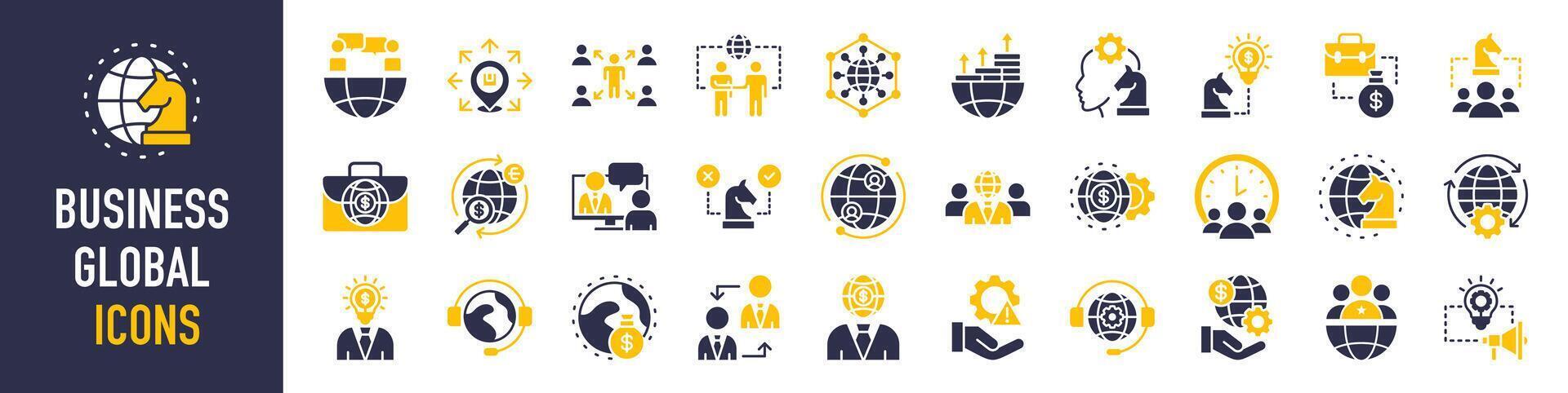 Business global icon set. Business team, meeting, partnership, startup, planning, international organization, company, management, profit and successful key icons. Solid icons vector collection.