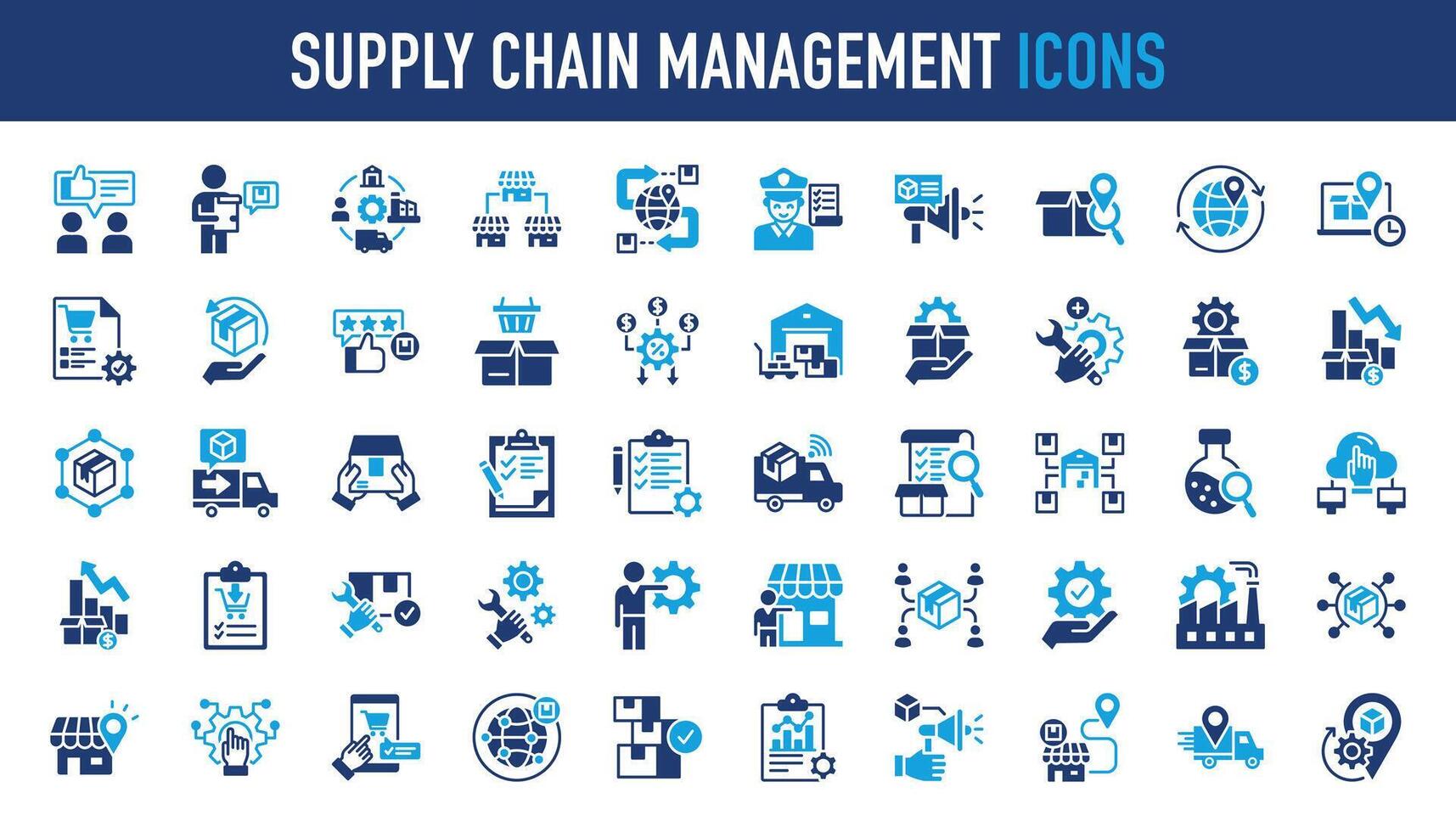 Set of icons related to supply chain management, value chain, logistic, delivery, manufacturing, commerce. icon collection. Vector illustration.