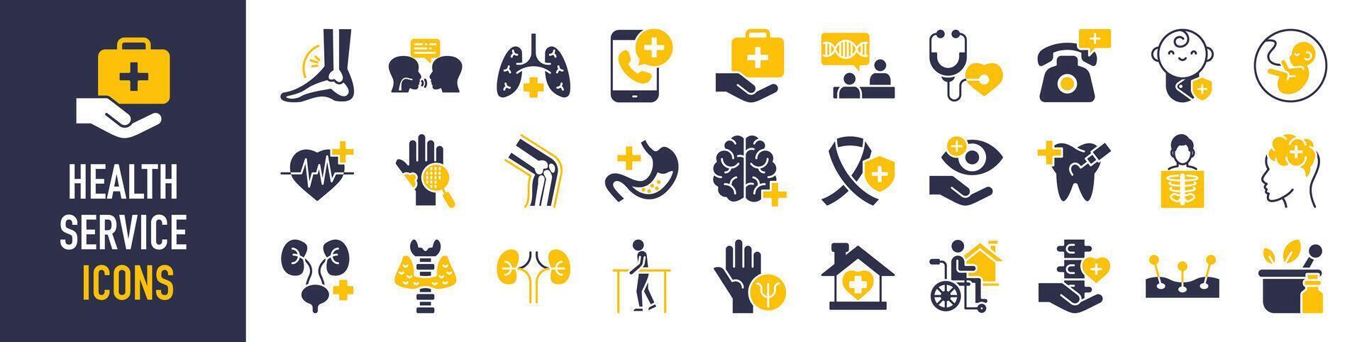 Health service icon set. Containing such as doctor, medicine, hospital, treatment, healthcare, nurse, pills, clinic and more. Solid vector icons collection.