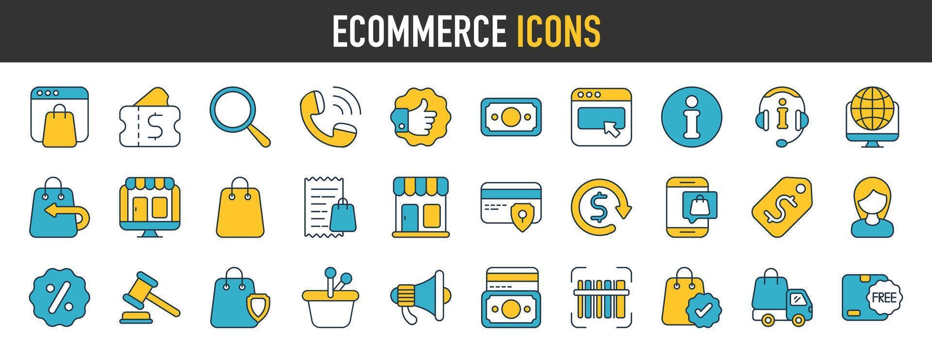 E-commerce icon set. Such as online shopping, delivery, location, scanner, shop, premium quality, more. E-business symbol. Solid icons vector collection.