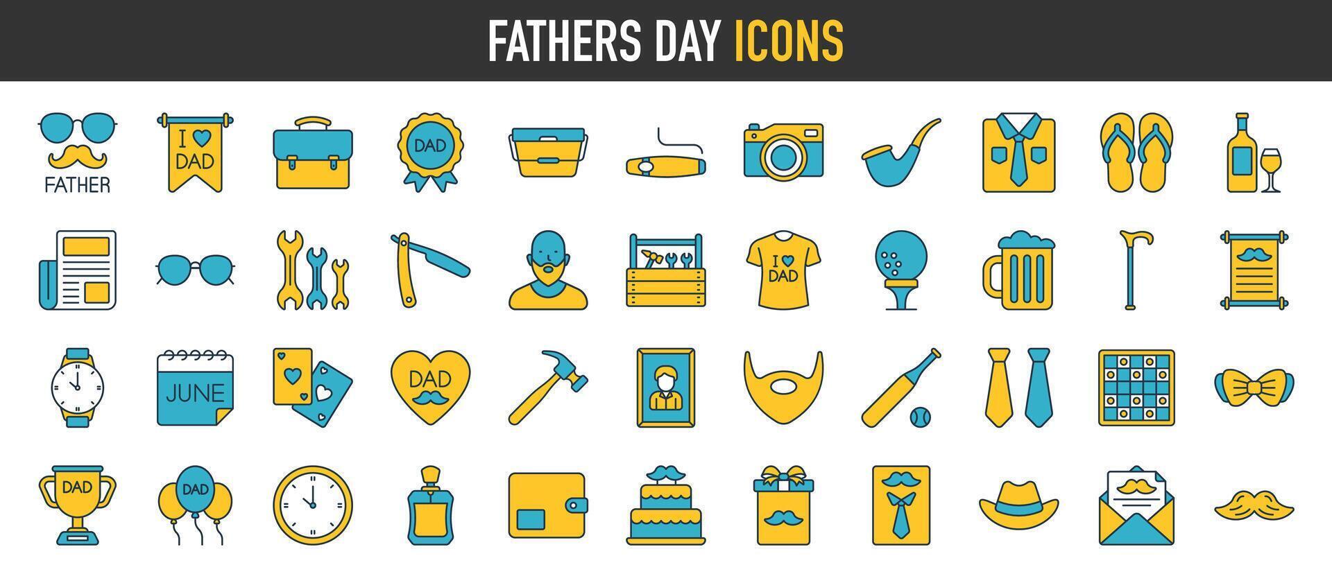 Fathers day icons. Celebration accessories message decoration party, daddy, tie, i love dad icon set vector illustration.