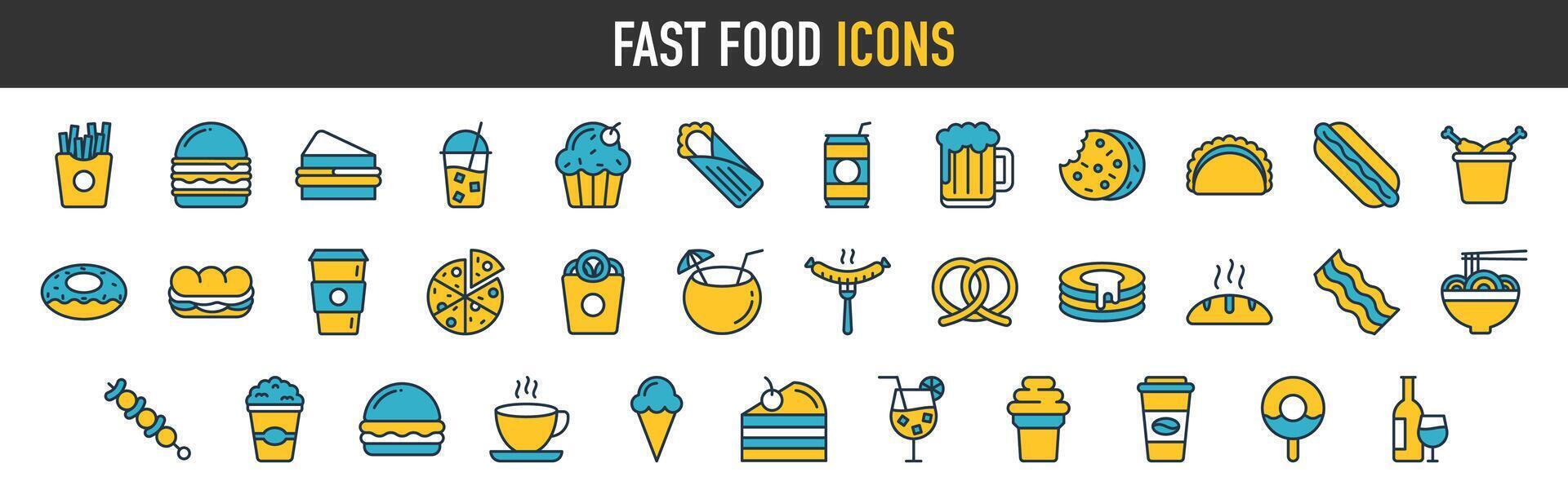 rápido comida icono colocar. conteniendo hamburguesa, pizza, caliente perro, francés papas fritas, sándwich, helado, beber, soda, embutido, burrito, taco y nachos restaurante vector sólido íconos recopilación.