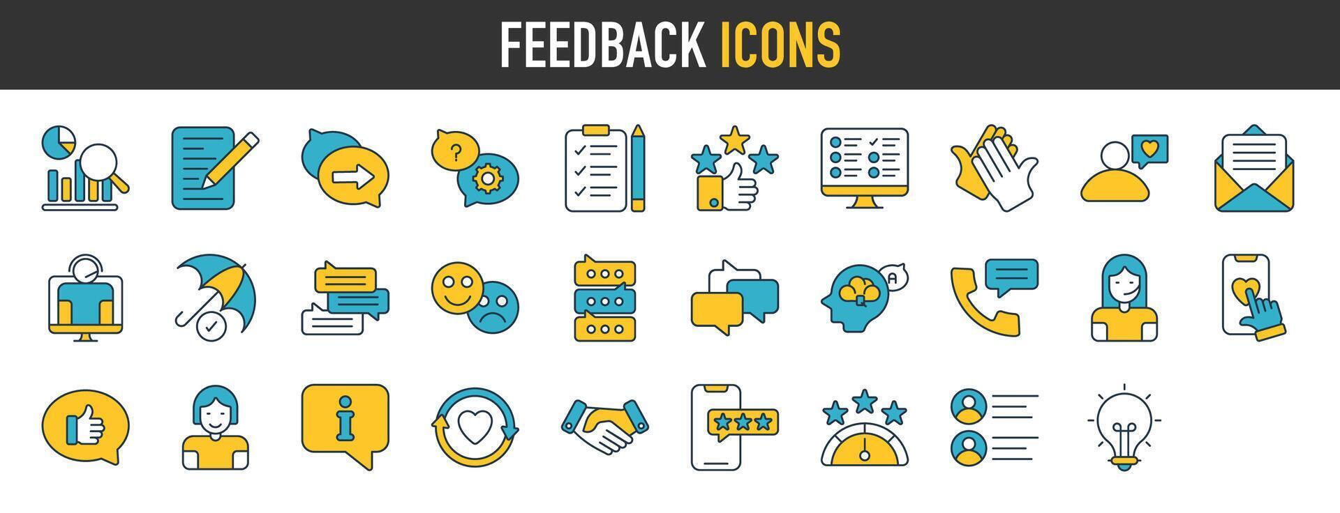 realimentación icono recopilación. tal como contiene clasificación, testimonios, rápido respuesta, mensajes, satisfacción y más. sencillo web vector íconos colocar.