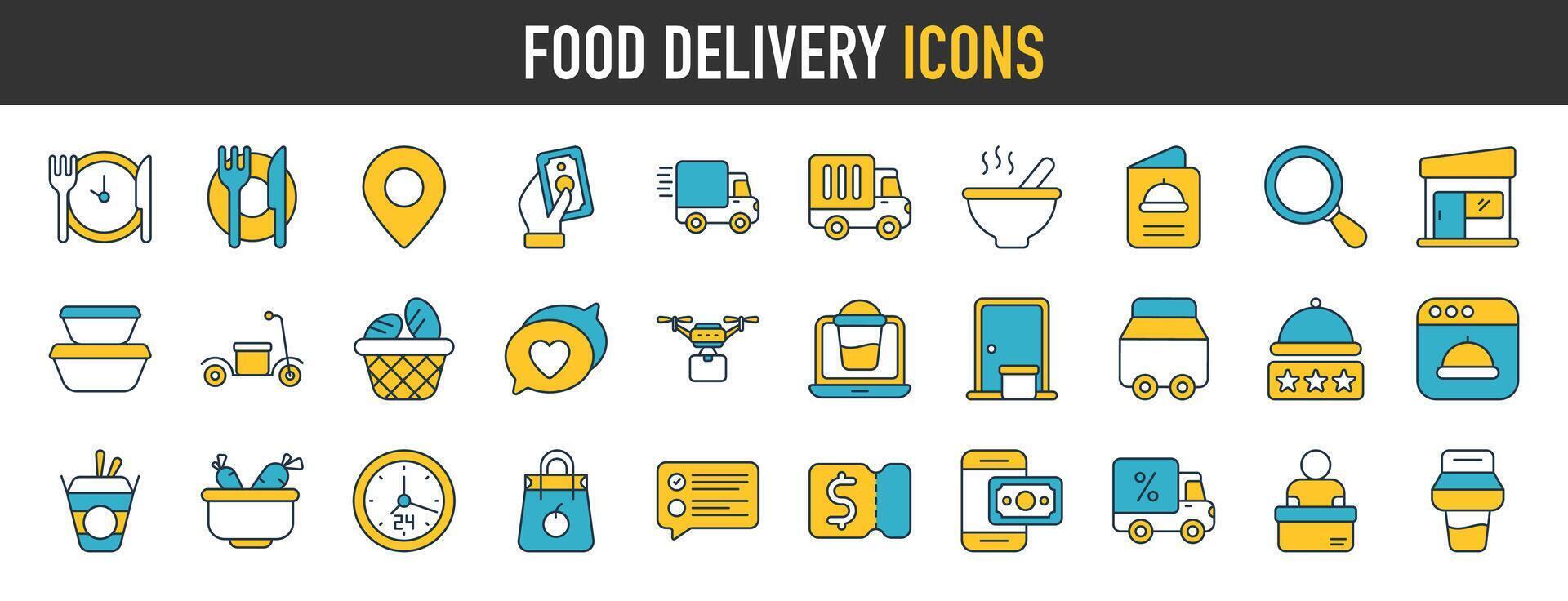 comida entrega Servicio icono colocar. conteniendo orden seguimiento, entrega hogar, depósito, camión, scooter, mensajero y carga iconos Envío símbolo. sólido íconos vector ilustración.