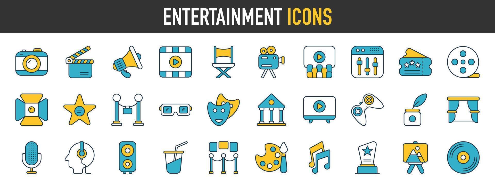 entretenimiento icono. tal como película, vídeo juego, música, cámara, televisor, vector íconos colección