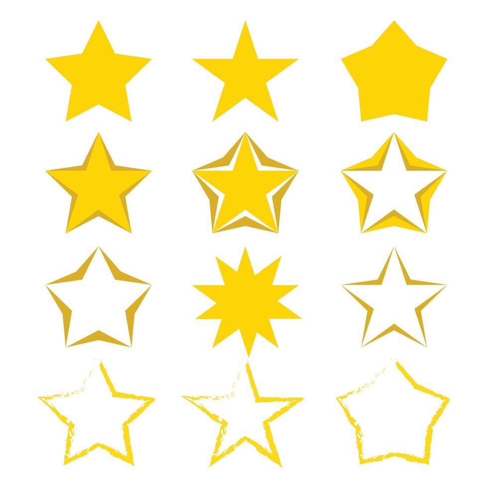 Set of golden star icons. Yellow star icon set. Design element. Golden stars set. Winner award sign. Isolated star symbol. Vector illustration.