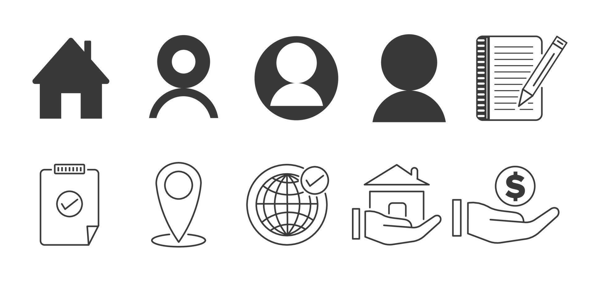 Lifestyle, Online, Web, Name, Location, Home, Notebook, Money thin icon or symbol set Vector