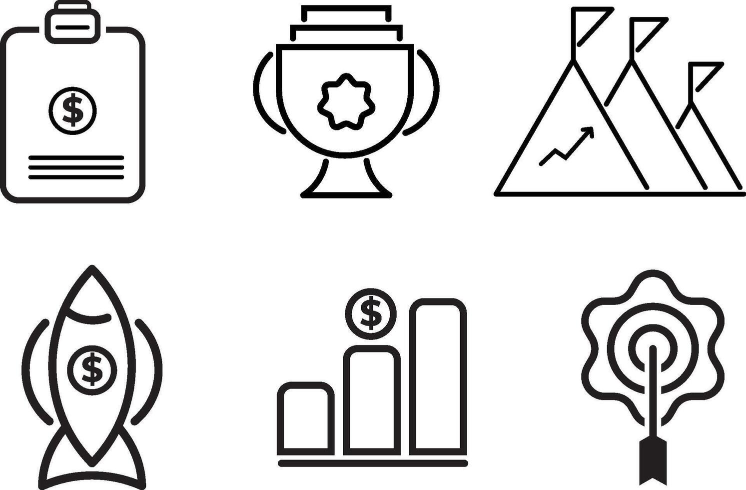 Awards line icons set. Award, Trophy cup, Business Growth Icon, Target, Money, Rocket Symbol, Vector Icon