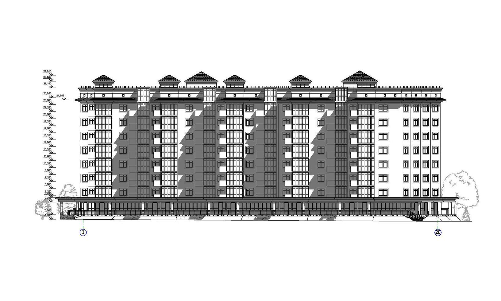 de varios pisos edificio fachadas, detallado arquitectónico técnico dibujo, vector Plano