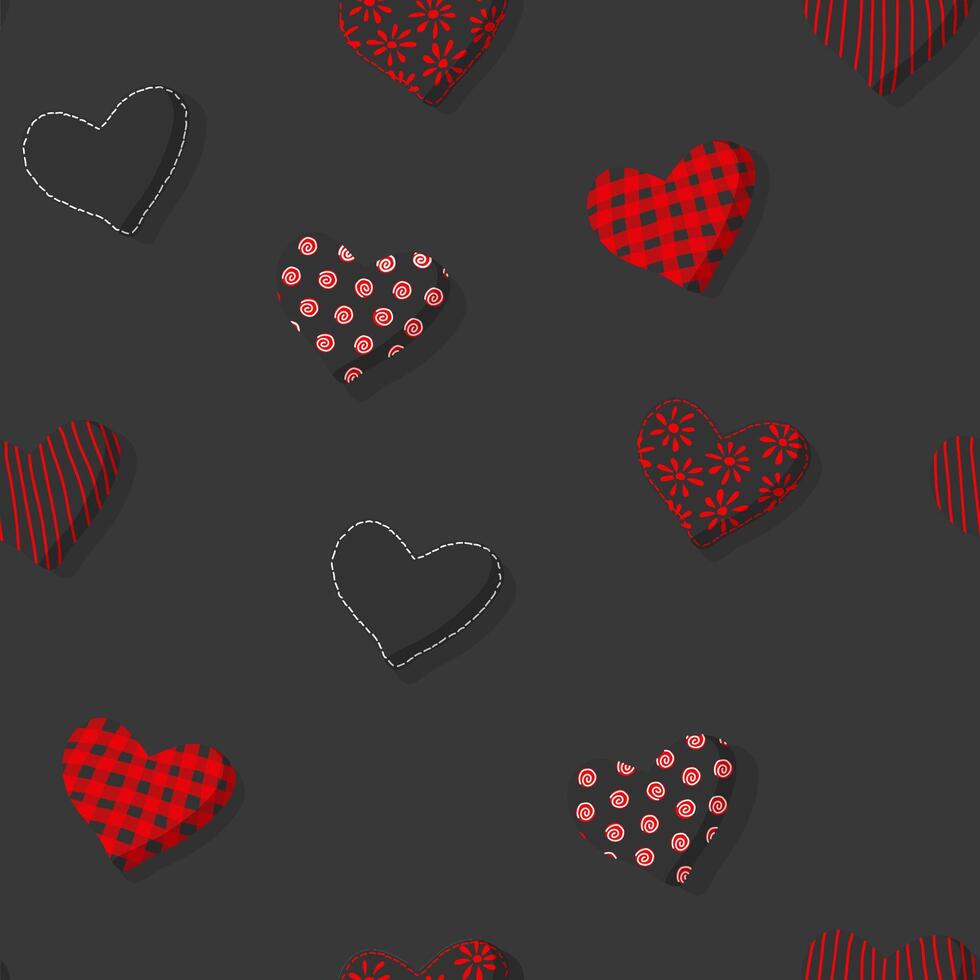 Seamless romantic trendy minimal black vector pattern with handmade textile hearts.