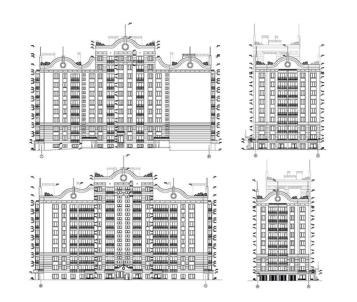 Multistory building facades, detailed architectural technical drawing, vector blueprint