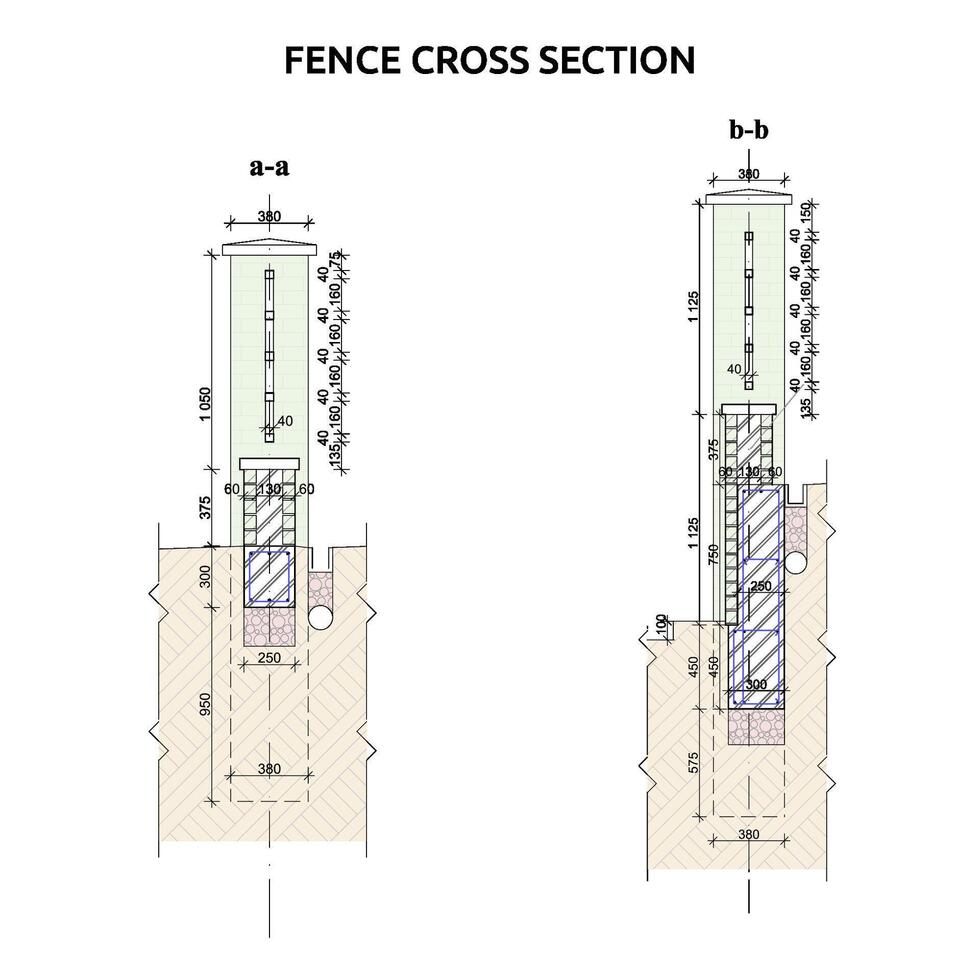 Detailed architectural metal and brick fence plan,  layout, blueprint. Vector illustration