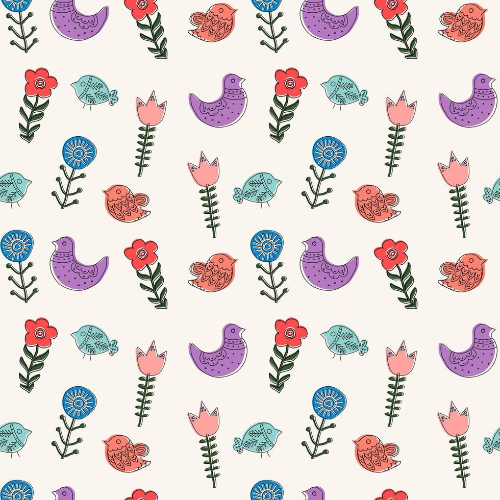 Colorful vector seamless pattern with ethnic hand drawn spring flowers and birds.