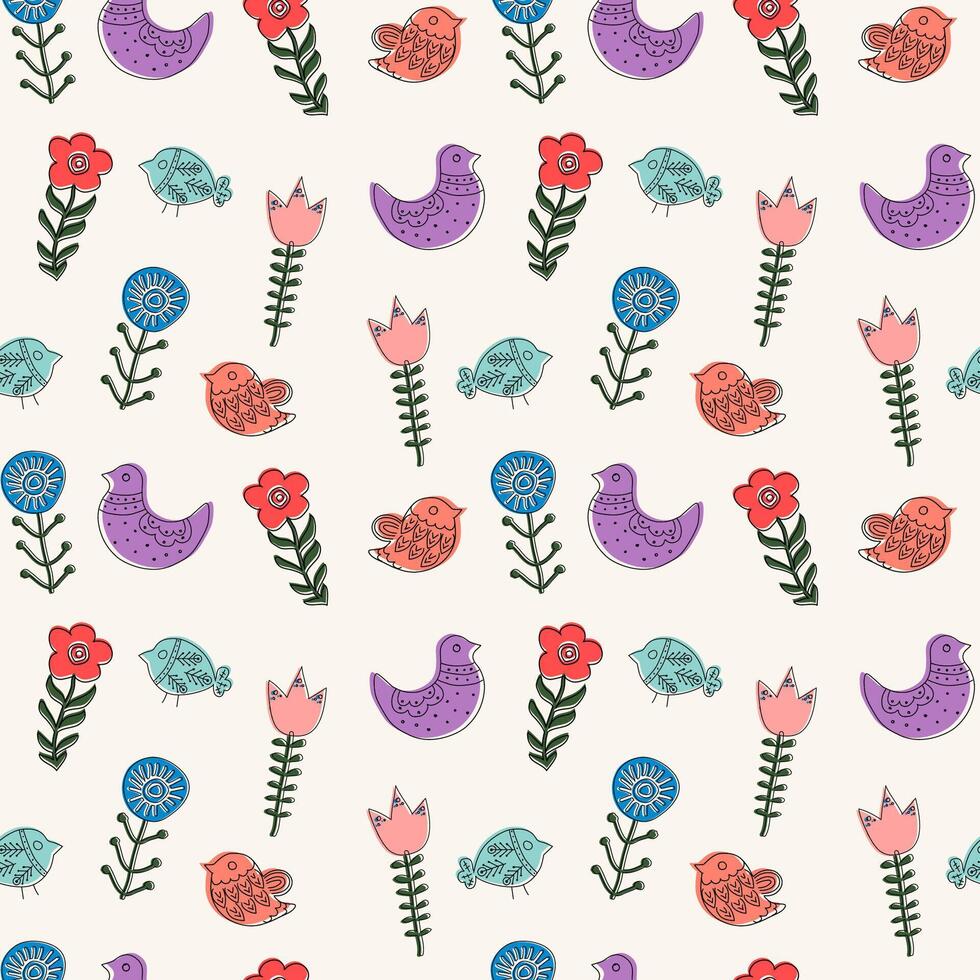 Colorful vector seamless pattern with ethnic hand drawn spring flowers and birds.