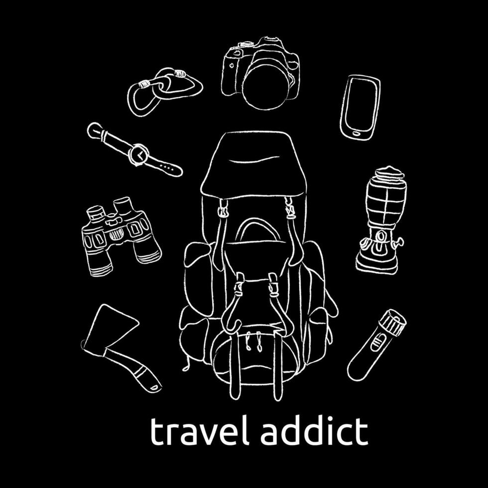 Flat lay of tourist backpack, camera, binoculars, watch, axe, torch, carabiner, lamp, phone. White charcoal on black background, hand drawn. Travel addict concept vector