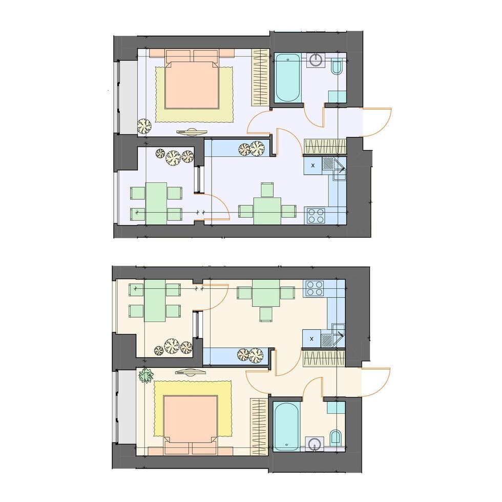 Vector set of furnished apartments, architectural background, top view