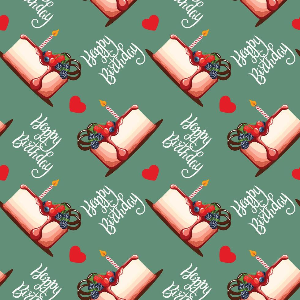 Piece of fruit cheesecake with a candle, happy birthday vector seamless pattern