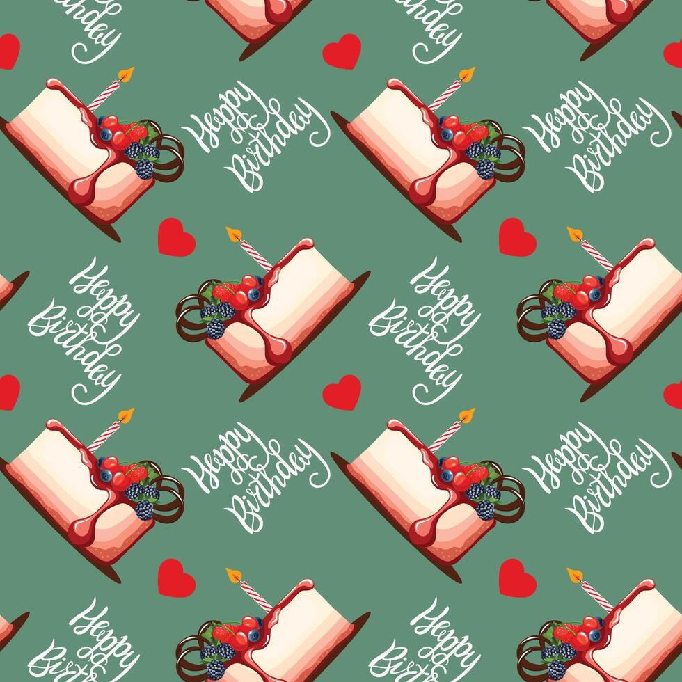 Piece of fruit cheesecake with a candle, happy birthday vector seamless pattern