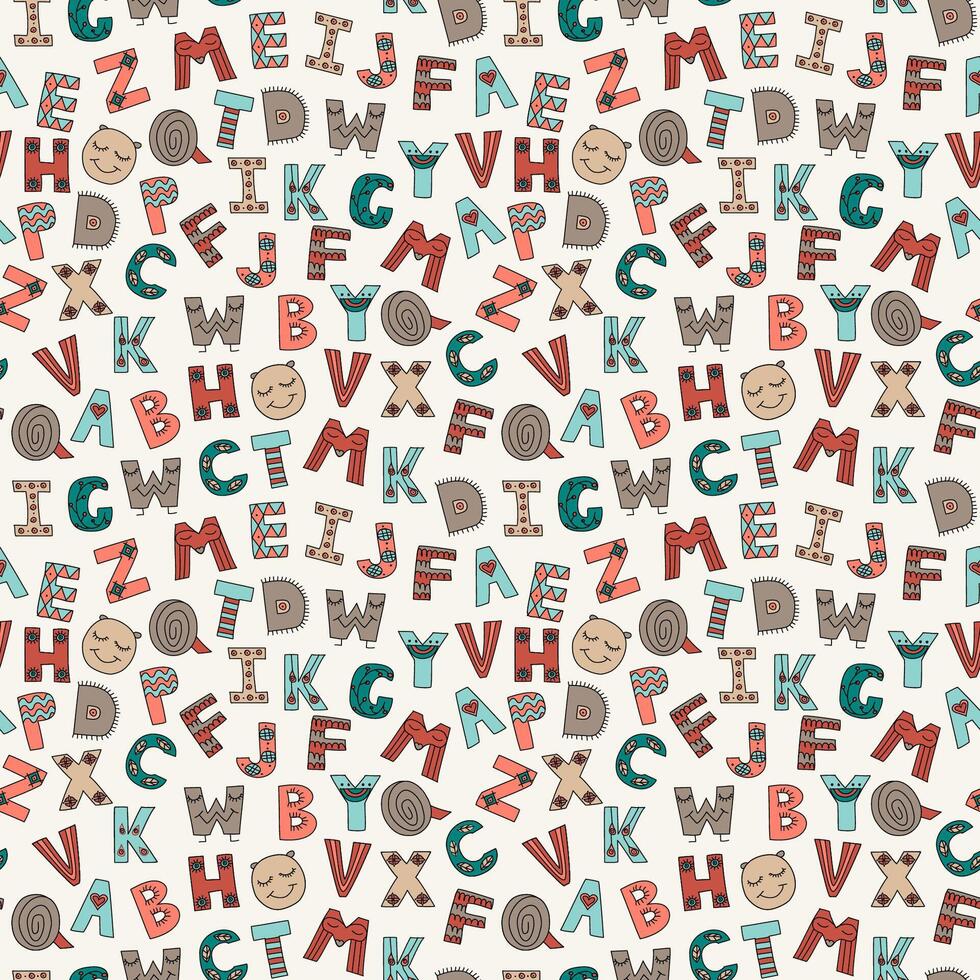 Vector cartoon hand drawn colorful kids or ethnic style alphabet letters, seamless pattern