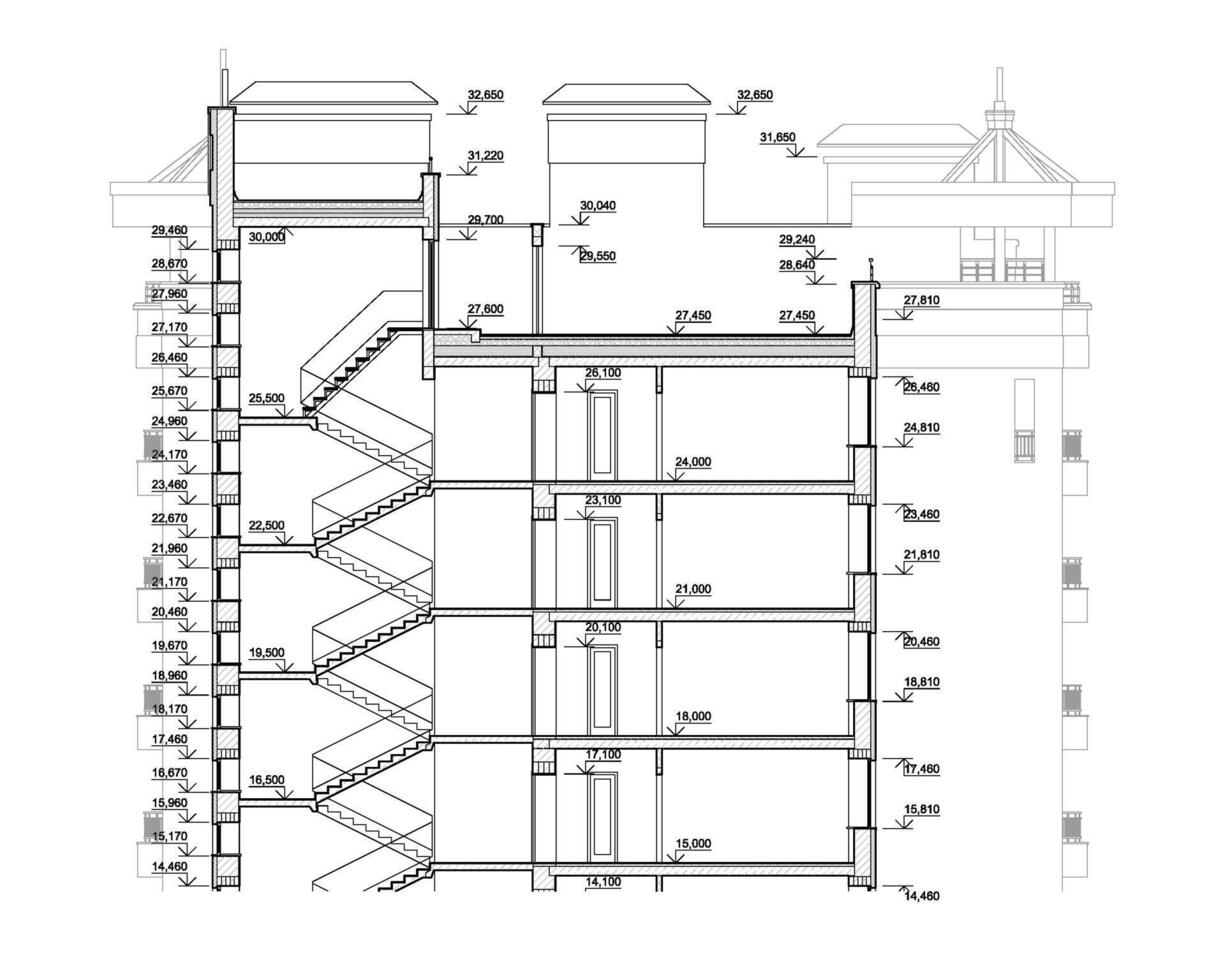 de varios pisos edificio sección, detallado arquitectónico técnico dibujo, vector Plano
