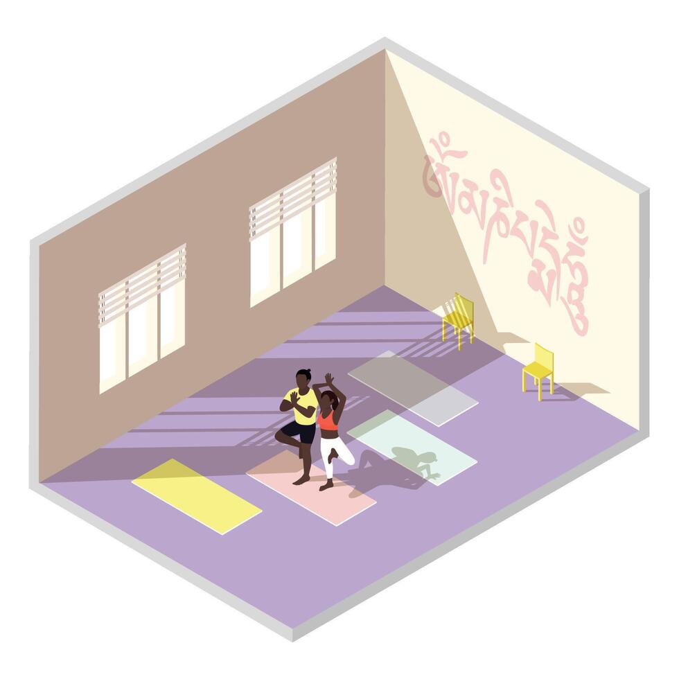 Yoga training studio with african american teachers, vector isometric