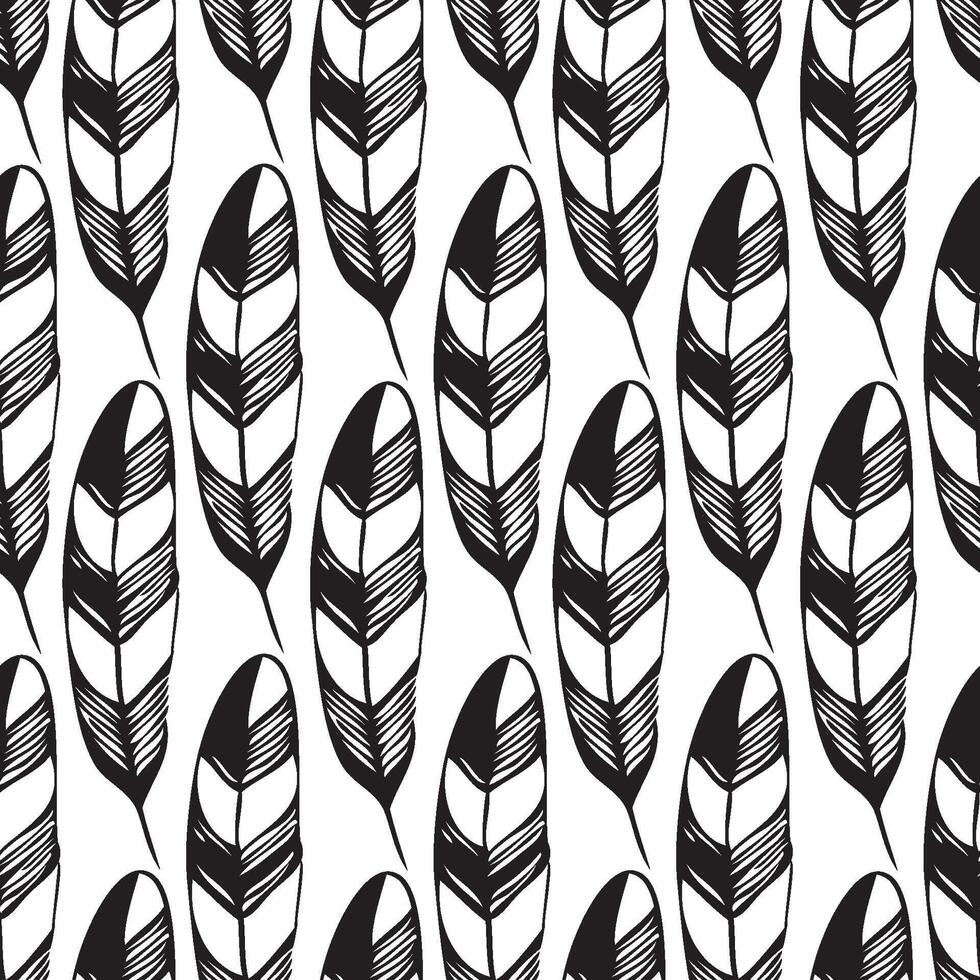 Hand drawn seamless vector black and white pattern of bird feather or a vintage quill pen