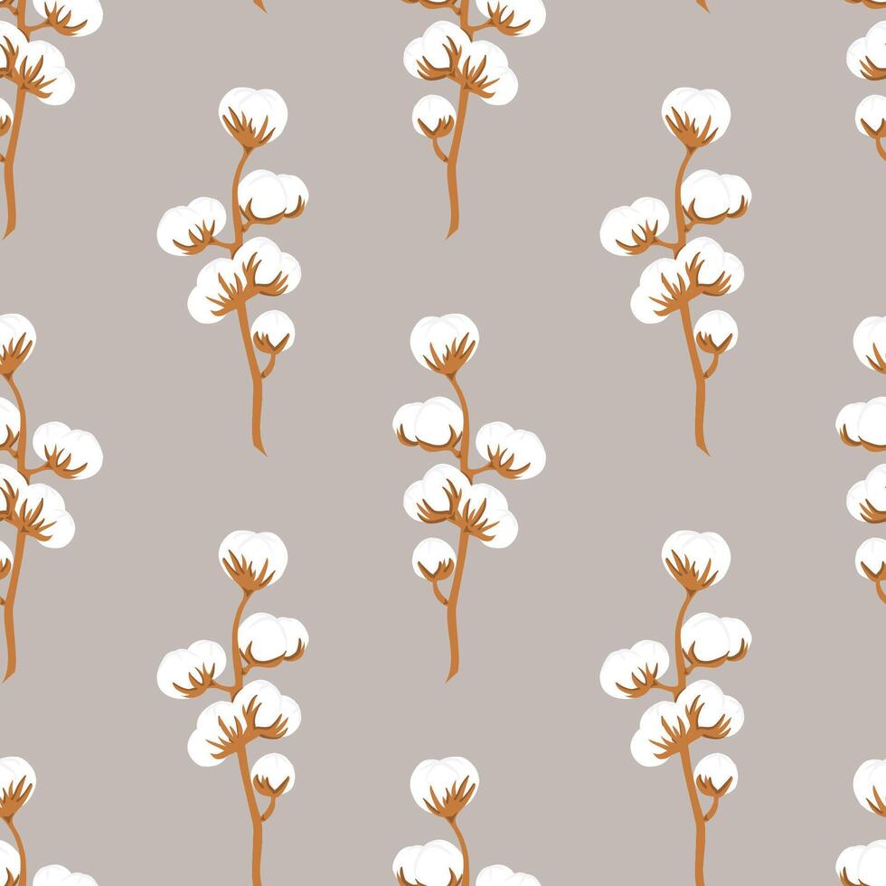 Hand drawn delicate branch of cotton flower plant, vector seamless pattern