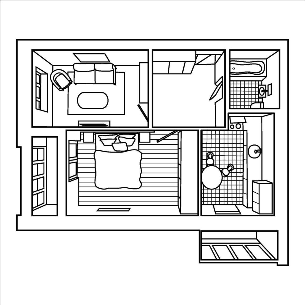 Hand drawn vector illustration of a two bedroom apartment, 3d plan layout